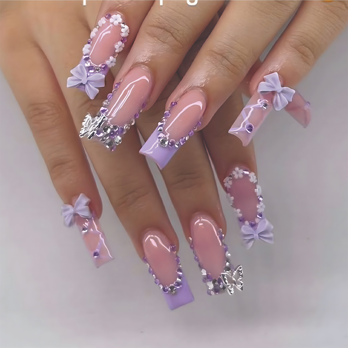 Nail Art Press On - 24Pcs Flower French Fake Nail Sets