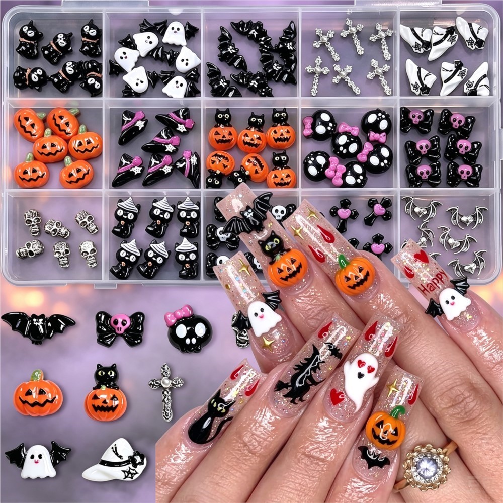 Nail Art Valentines Day - 15grid 3D Cute Halloween Pumpkin/Skull/Ghost/Cross Nail
