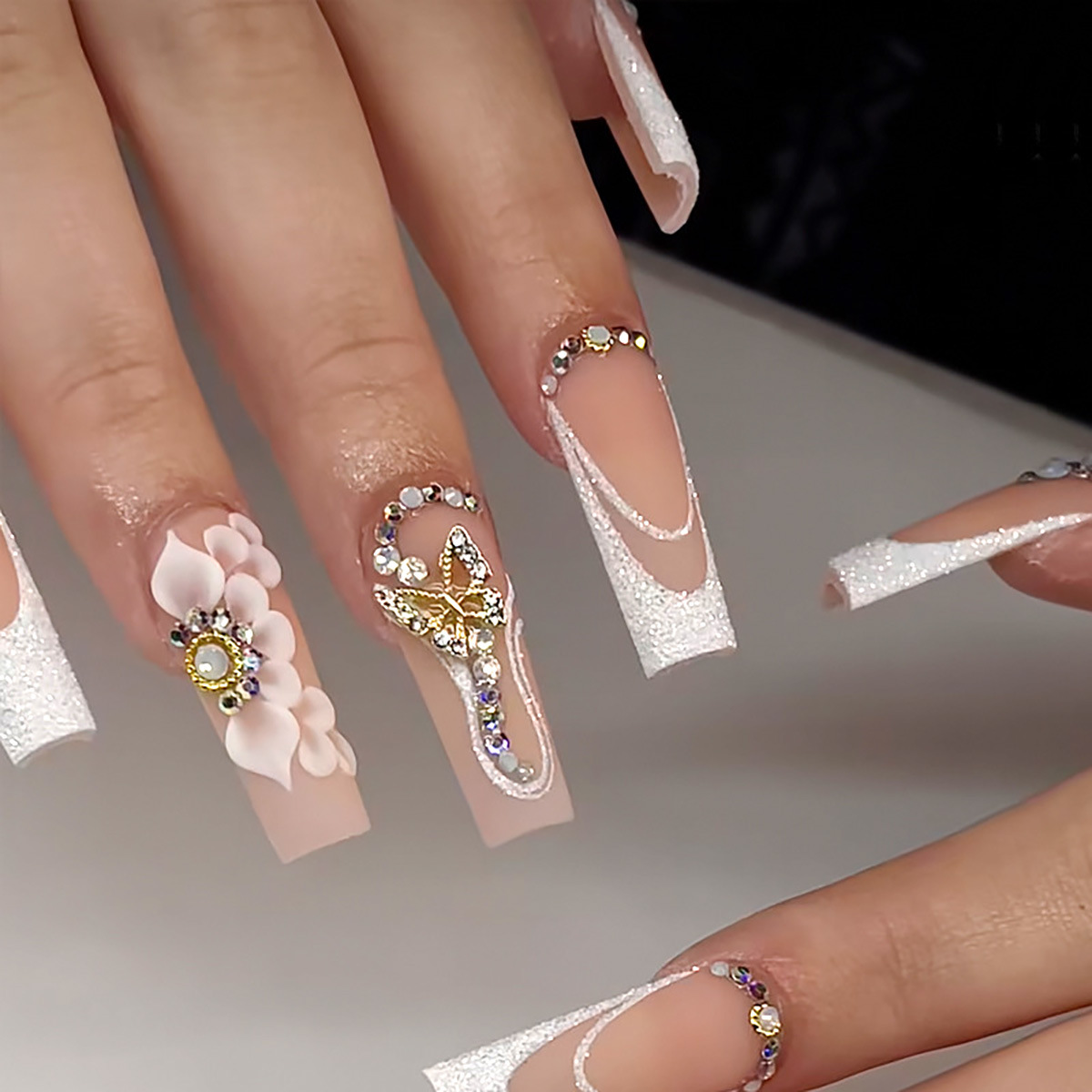24Pcs Flower French Fake Nail  - Nail Art Press On ulasan dan harga